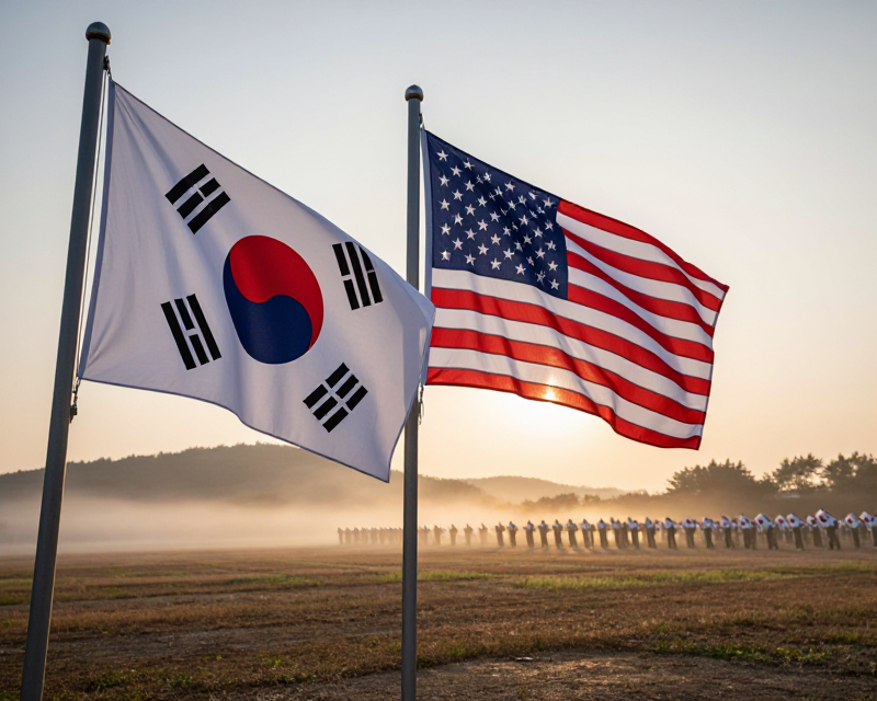 South Korean and US flags at dawn