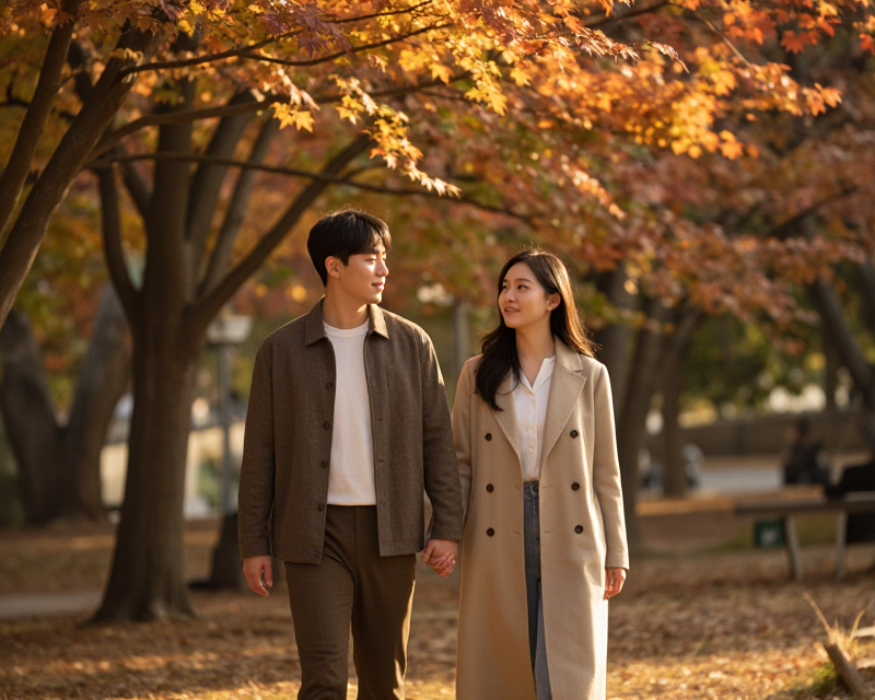 A warm scene of a young couple in Seoul